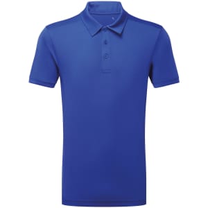 A blue panelled polo shirt featuring a collar and three buttons, with a logo on the chest area.