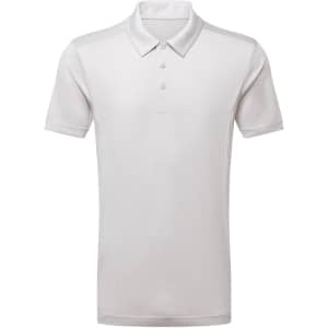 A white panelled polo shirt featuring a classic collar and three buttons, with a logo on the chest.