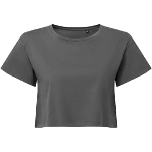 A grey crop top with short sleeves and a round neckline. Features a logo on the side.