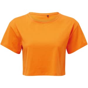 An orange crop top with short sleeves and a round neckline, featuring a simple design and a small logo.