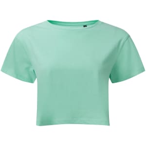 A mint green crop top with short sleeves and a round neckline, featuring a logo on the label.
