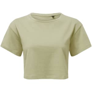 A light green crop top with short sleeves and a round neckline. It features a small logo on the label.