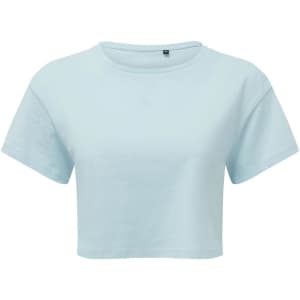 A light blue crop top with short sleeves and a crew neckline, featuring a small logo.