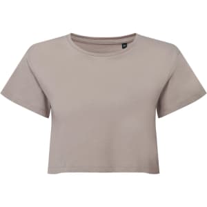 A taupe crop top with short sleeves and a round neckline, featuring a logo on the label.
