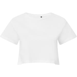 A white crop top with short sleeves and a slightly cropped hemline. It has a simple design and features a logo.