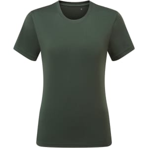 A green performance t-shirt with short sleeves and a round neck, featuring a logo on the front.
