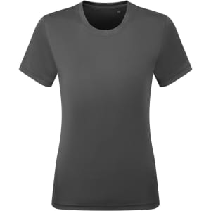 A grey performance t-shirt with a crew neck and short sleeves, featuring a logo.