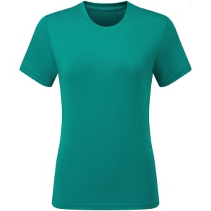 A teal performance T-shirt with a classic crew neck and short sleeves. It features a logo on the front.