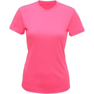 A vibrant pink performance t-shirt with a classic crew neck and short sleeves, featuring a logo.