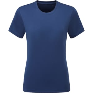 A navy blue performance t-shirt with short sleeves and a round neckline, featuring a logo on the chest.