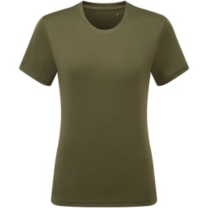 An olive green performance t-shirt featuring a round neck and short sleeves. The shirt has a logo.