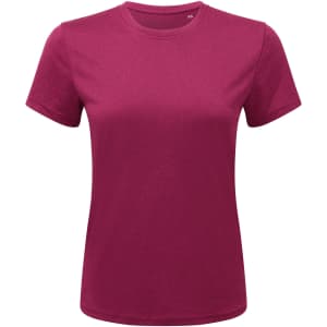 A maroon performance T-shirt with short sleeves and a round neckline. It features a small logo on the label.