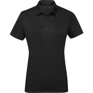 A black panelled polo with a collar and buttons, featuring a logo on the chest area.