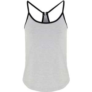 A grey yoga vest with black trim and a racerback design. It includes a logo on the front.