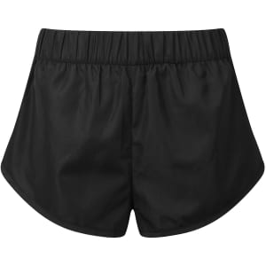 Black running shorts featuring a comfortable elastic waistband and a smooth fabric finish.