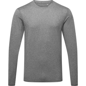 A long sleeve performance t-shirt in a heather grey colour, featuring a logo on the front.