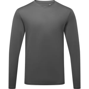 A long sleeve performance t-shirt in grey, featuring a simple design and a logo on the chest.