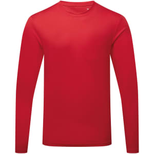 A red long sleeve performance T-shirt with a simple design and a logo on the front.
