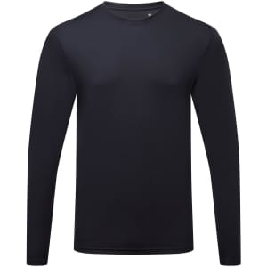 A long sleeve performance t-shirt in solid black, featuring a simple design and a logo.