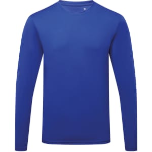 A long sleeve performance T-shirt in a vibrant blue colour, featuring a logo on the front.