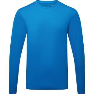 A blue long sleeve performance t-shirt with a standard crew neckline. Features a logo on the chest area.