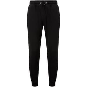 Fitted joggers in black with an elastic waistband and drawstring. Features a logo on the waist.