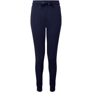Fitted joggers in navy blue with an elastic waistband and drawstring. Features a logo on the waistband.