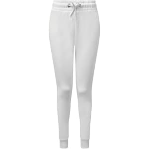 Fitted joggers in white with an elastic waistband and drawstring, featuring a branded logo.