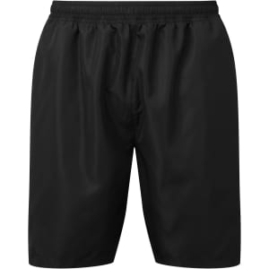 A pair of black running shorts with an elastic waistband and a simple design.