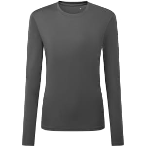 A long sleeve performance T-shirt in dark grey, featuring a round neck and a fitted silhouette. It has a logo.