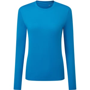 A long sleeve performance t-shirt in vibrant blue with a round neckline and branding.