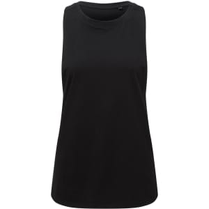 A black organic tank top with a sleeveless design and a round neckline. It has a simple logo on the side.