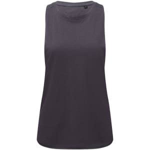 A dark grey tank top featuring a sleeveless design and a simple logo on the front.