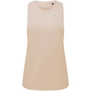 A sleeveless organic tank top in a light beige colour, featuring a simple design and a branded label.
