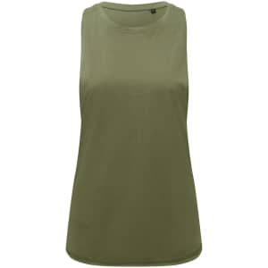 An olive green organic tank top with a round neckline and no sleeves, featuring a logo.