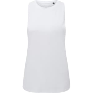 A plain white organic tank top with a round neckline and no sleeves. Features a logo.