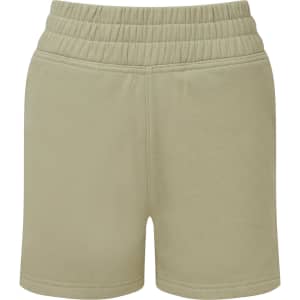 Soft, khaki jogger shorts with an elastic waistband and a simple design. The item features a logo on the front.