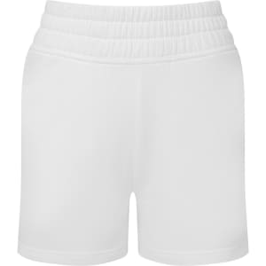 White jogger shorts with an elastic waistband and a smooth fabric finish. The shorts feature a brand logo.
