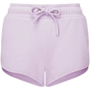 Lilac recycled jogger shorts with a drawstring waist and side vents, featuring a branded logo.