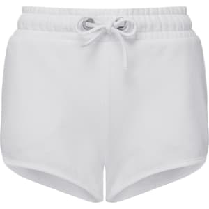 A pair of white recycled retro jogger shorts with an elasticated waistband and drawstring. Features a logo.