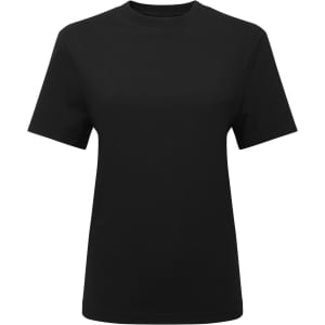 A black oversized t-shirt with short sleeves and a crew neckline. The shirt has a logo.