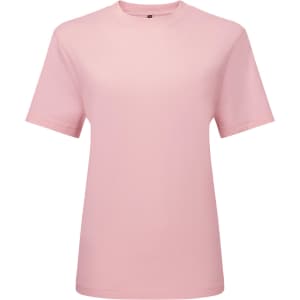 A pink oversized T-shirt with short sleeves and a simple design. It features a logo on the label.
