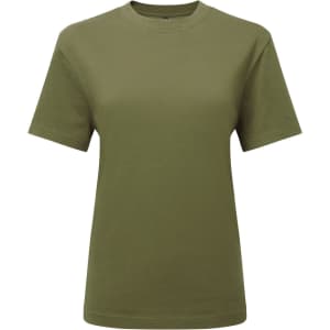 An olive green organic boxy oversized T-shirt with short sleeves and a simple design. It features a logo.