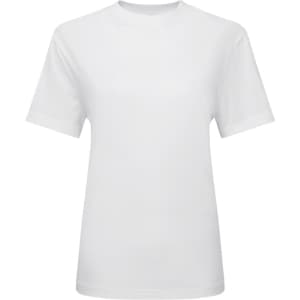 A white oversized t-shirt with short sleeves, featuring a simple design and a logo.
