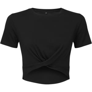 A black Twist Crop Top featuring a fitted design and a knotted front detail. It has a simple, sleek style.