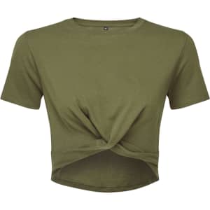 A cropped top in olive green with a twisted front design and short sleeves. It features a simple logo tag.