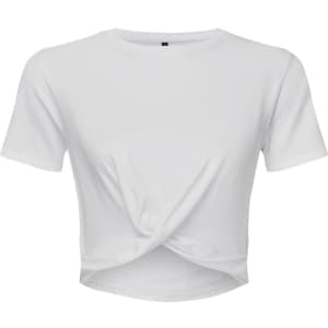 A white twisted crop top with a round neckline and short sleeves. It has a smooth, fitted design and a central twist detail.