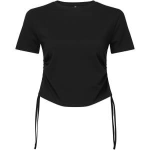 A black ruched crop top featuring short sleeves and ties at the sides. It has a simple design and a branded label.