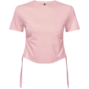 A pink ruched crop top with short sleeves and side ties. It features a logo on the label.