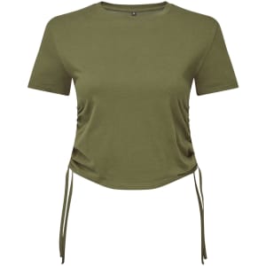 A ruched crop top in olive green, featuring short sleeves and drawstring details at the sides. It has a logo.
